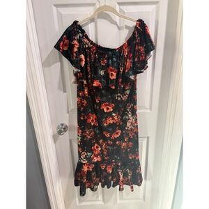 LuLaRoe‎ Velvet Floral Off The Shoulder Ruffle Dress 2XL Orange Black